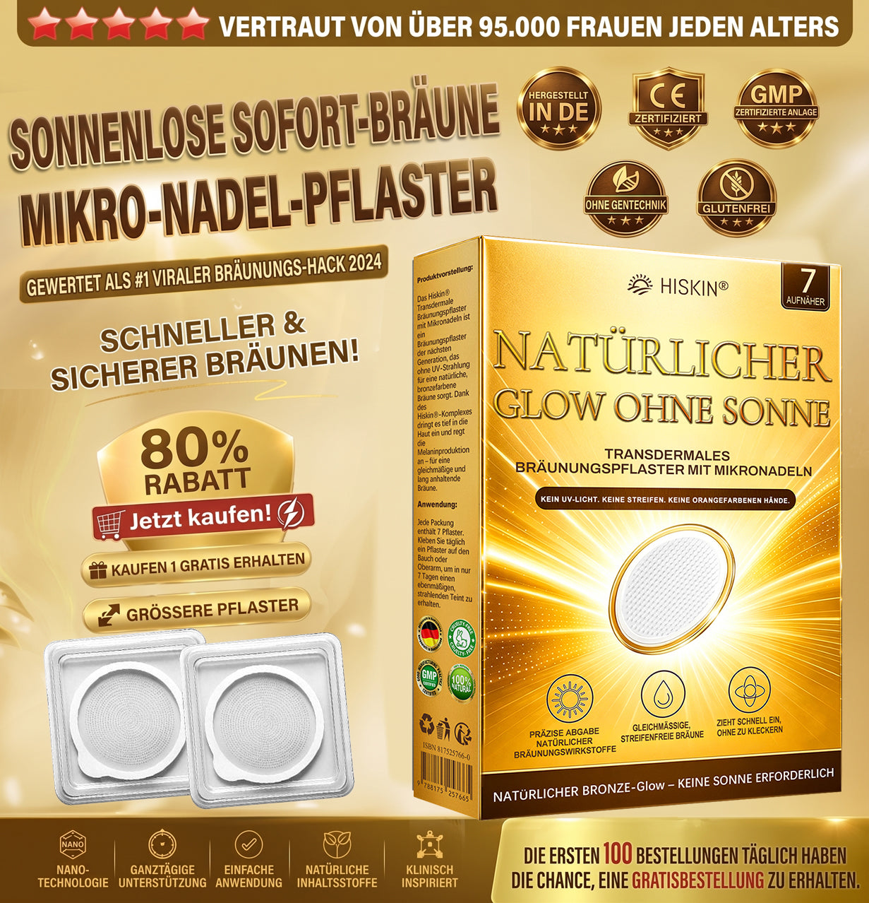 🔥 NUR HEUTE: 30% Rabatt auf Hiskin® Tanning Patch 🇩🇪  ☀️ Ein Patch pro Tag ✨ Natürlich bronzene Haut in nur 7 Tagen ✅ Ohne Sonne • Ohne DHA • Ohne Orangestich • Ohne Streifen