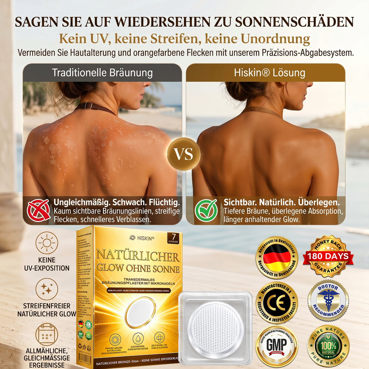 🔥 NUR HEUTE: 30% Rabatt auf Hiskin® Tanning Patch 🇩🇪  ☀️ Ein Patch pro Tag ✨ Natürlich bronzene Haut in nur 7 Tagen ✅ Ohne Sonne • Ohne DHA • Ohne Orangestich • Ohne Streifen