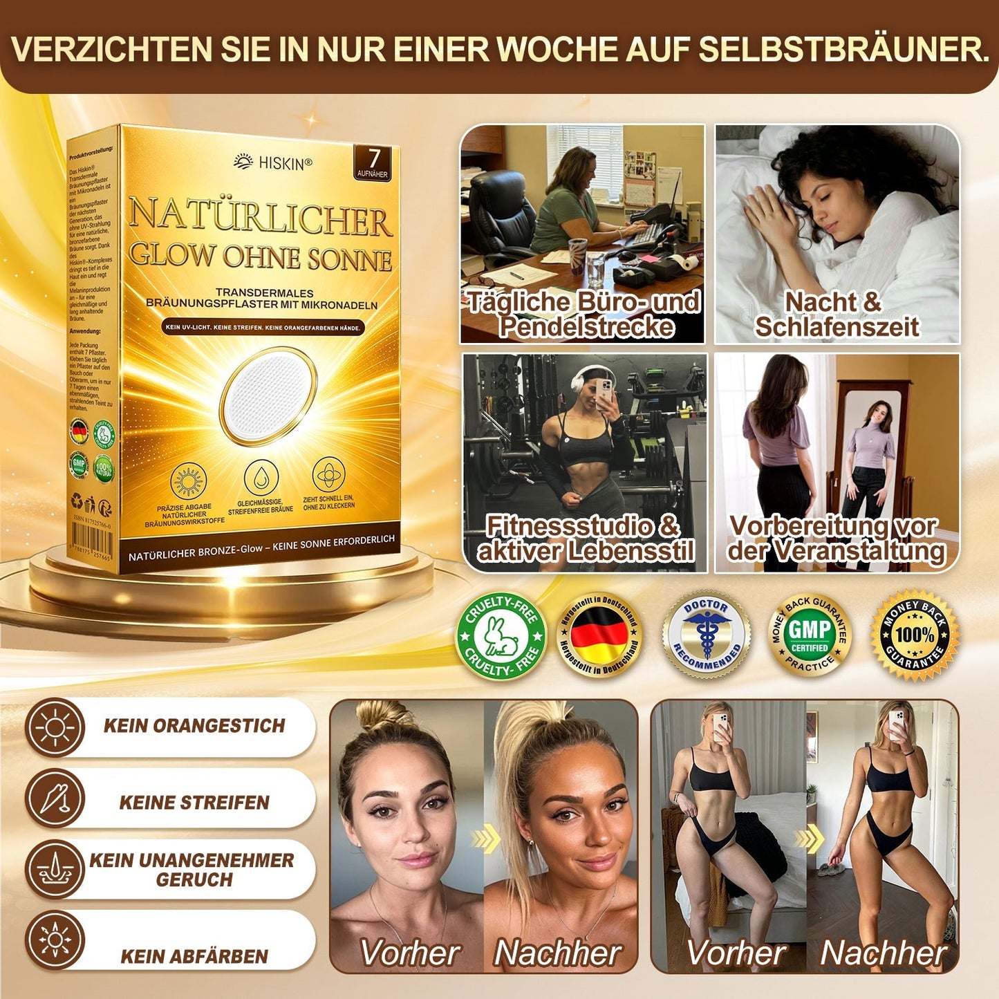 🔥 NUR HEUTE: 30% Rabatt auf Hiskin® Tanning Patch 🇩🇪  ☀️ Ein Patch pro Tag ✨ Natürlich bronzene Haut in nur 7 Tagen ✅ Ohne Sonne • Ohne DHA • Ohne Orangestich • Ohne Streifen